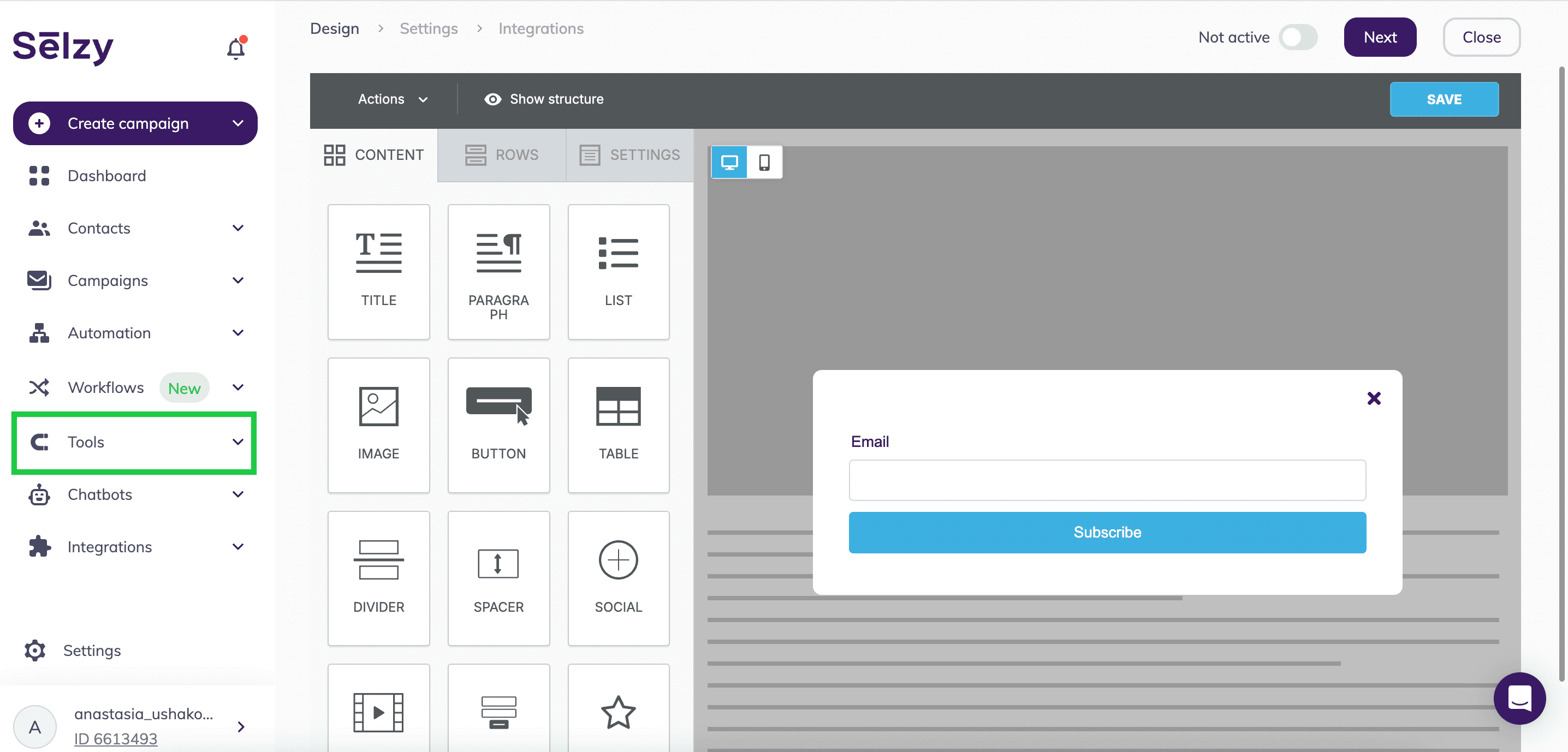 Selzy platform interface displaying the email subscription form builder with a sample pop-up form and design tools on the left panel