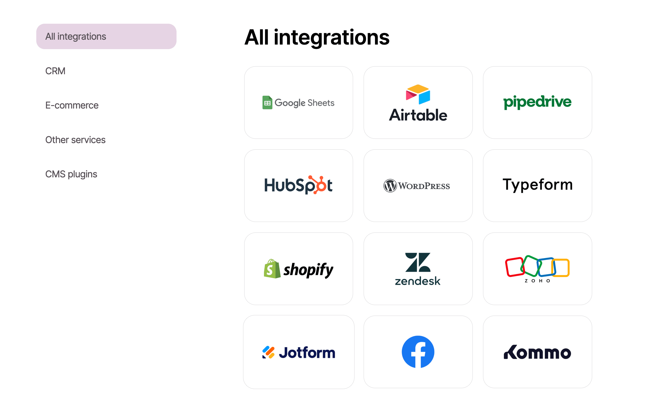 A list of Selzy's integrations: Facebook, Kommo, Google Sheets, etc.
